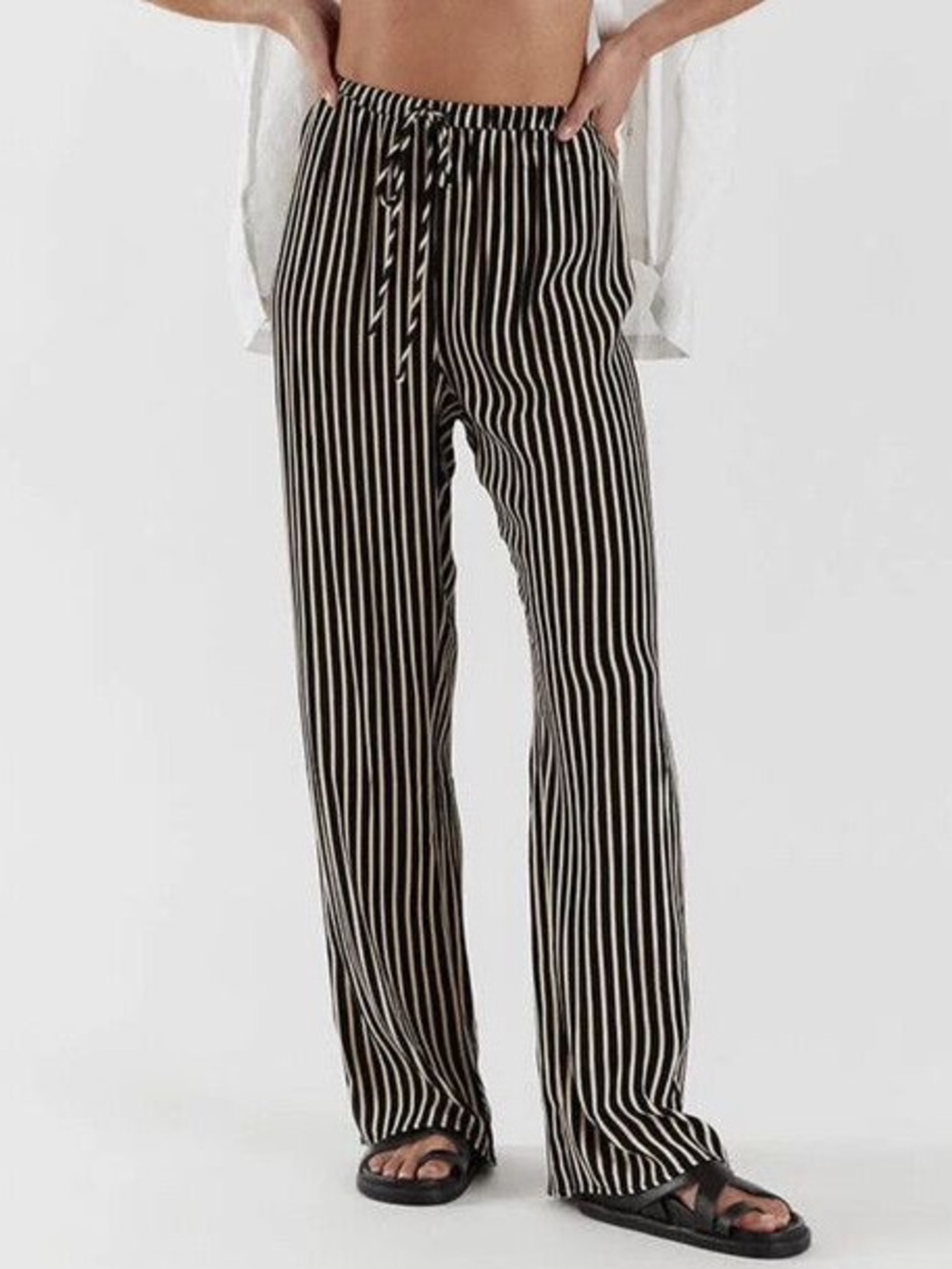 Dissh Sz 10 Rory Stripes Black Cream Resort Vacation Drawstring Wide Leg Pants